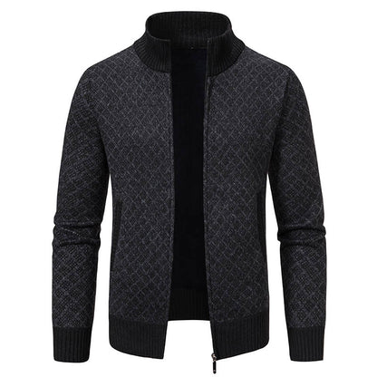 Dicke, karierte Strickjacke, modische Slim-Fit-Strickjacke mit Reißverschluss und Stehkragen, Winter-Herren-Freizeitjacke mit langen Ärmeln