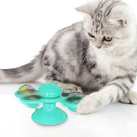 Windmühlen-Katzenspielzeug für drinnen mit Saugnapf, Katzenminze und gezacktem Mittelball, intelligentes Drehspielzeug
