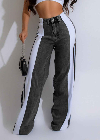 2024 Fashion Casual High Waist Elastic Straight Leg Trousers Three Stripe Patchwork Denim Wide Leg Pants Streetwear - Shopteufel