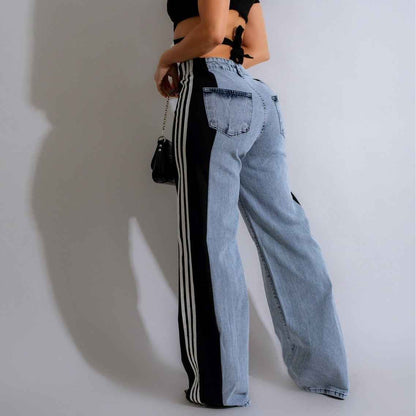 2024 Fashion Casual High Waist Elastic Straight Leg Trousers Three Stripe Patchwork Denim Wide Leg Pants Streetwear - Shopteufel