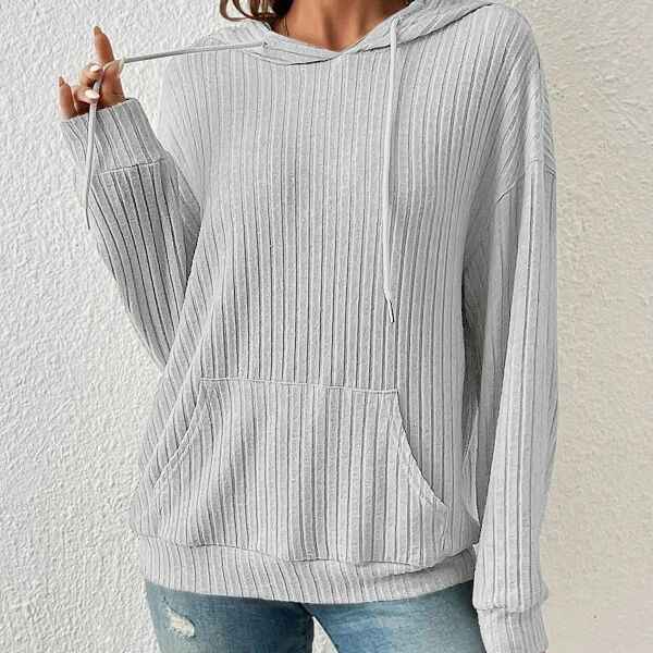 Fashion Drawstring Long-sleeved Hooded Sweatshirt With Pockets Solid Sunken Stripe Hoodie Knitwear Womens Clothing - Shopteufel