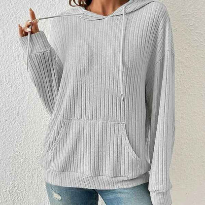 Fashion Drawstring Long-sleeved Hooded Sweatshirt With Pockets Solid Sunken Stripe Hoodie Knitwear Womens Clothing - Shopteufel