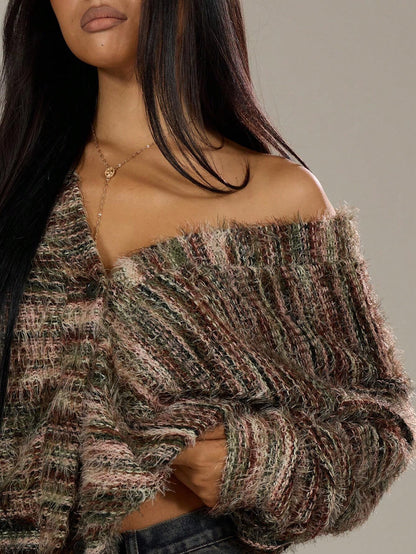 Winter Stripe Knitted Sweater Ins Button Cardigan Long Sleeved V-neck Cropped Tops For Women