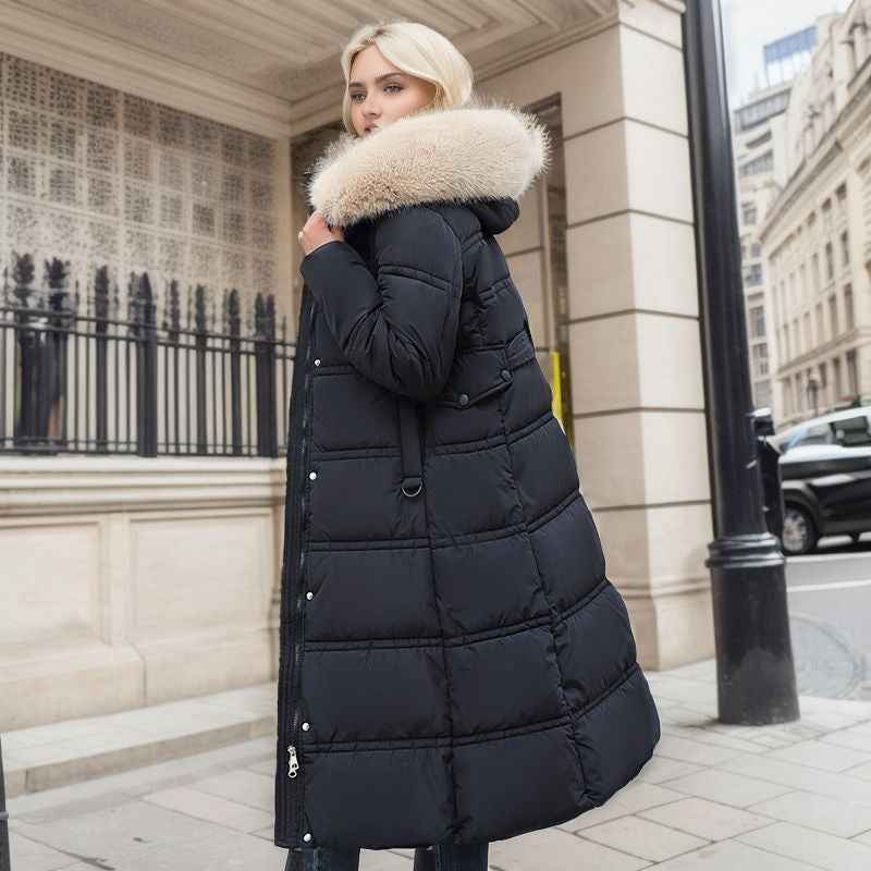 Winter Slim Long Jacket With Fur Hood And Belt Fashion Solid Hooded Coat Warm Clothing For Women - Shopteufel