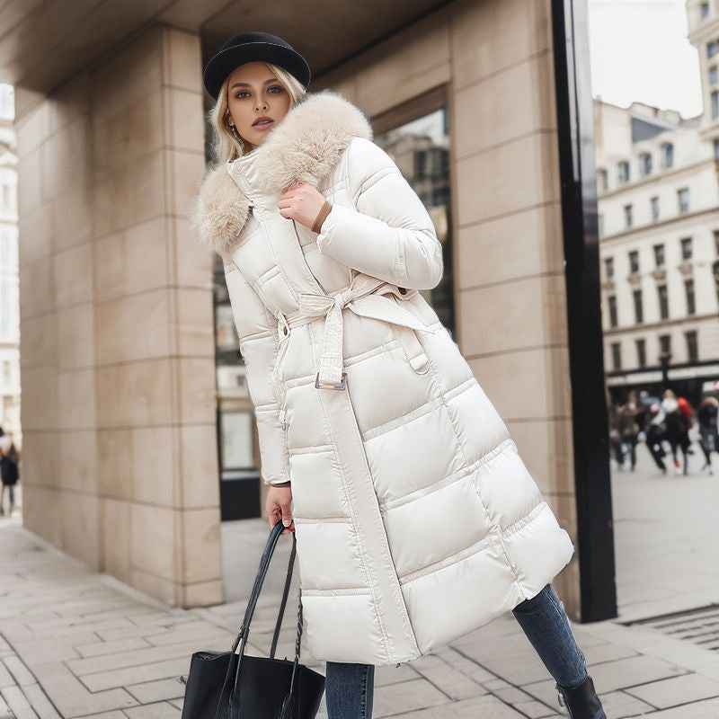Winter Slim Long Jacket With Fur Hood And Belt Fashion Solid Hooded Coat Warm Clothing For Women - Shopteufel