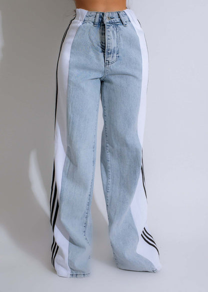 2024 Fashion Casual High Waist Elastic Straight Leg Trousers Three Stripe Patchwork Denim Wide Leg Pants Streetwear - Shopteufel