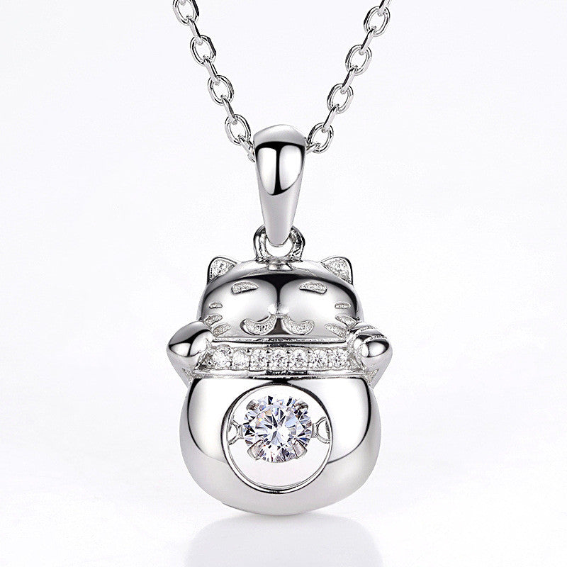 Halskette aus 925er Sterlingsilber mit Moissanit und Glückskatze