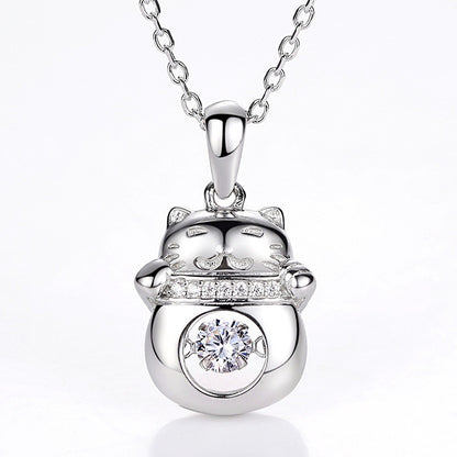 Halskette aus 925er Sterlingsilber mit Moissanit und Glückskatze