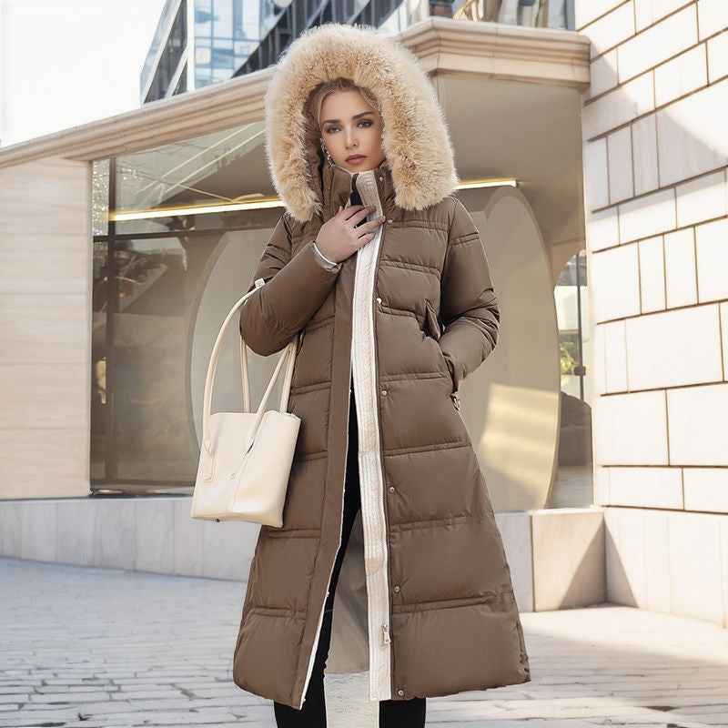 Winter Slim Long Jacket With Fur Hood And Belt Fashion Solid Hooded Coat Warm Clothing For Women - Shopteufel