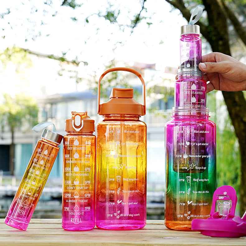3-in-1 Gradient Color Motivational Water Bottles Set Plastic Straw Double Drink Translucent Outdoor Sports Bottle - Shopteufel