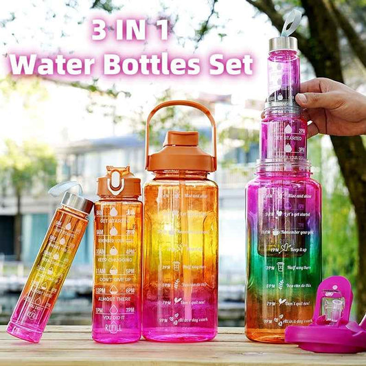 3-in-1 Gradient Color Motivational Water Bottles Set Plastic Straw Double Drink Translucent Outdoor Sports Bottle - Shopteufel