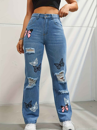 High Waisted Straight Leg Jeans For Women Trendy Butterfly Print Ripped Distressed Denim Pants - Shopteufel