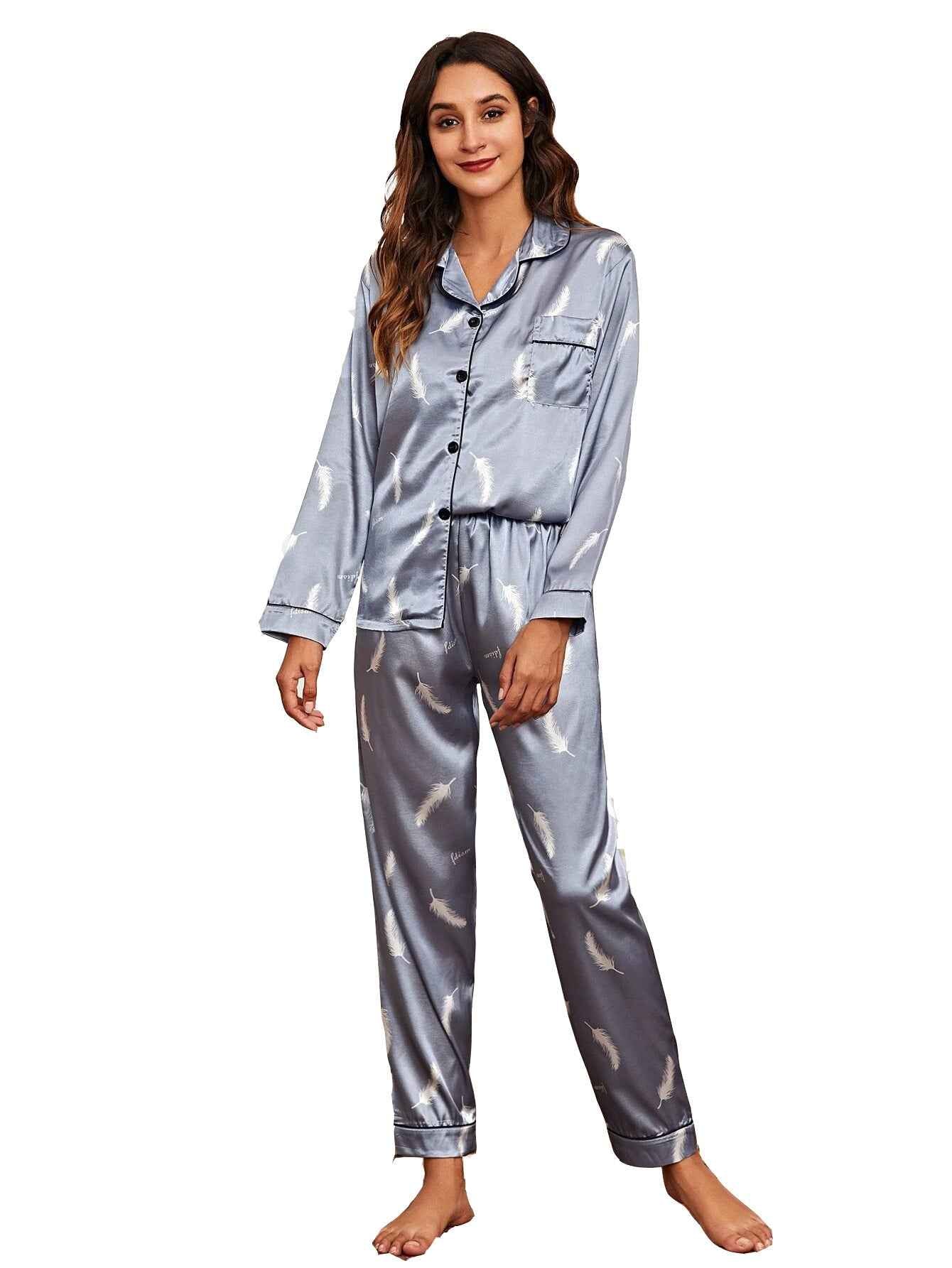 Women's Print Pajama Set Long Sleeve Tops And Pants Loungewear Sleepwear - Shopteufel