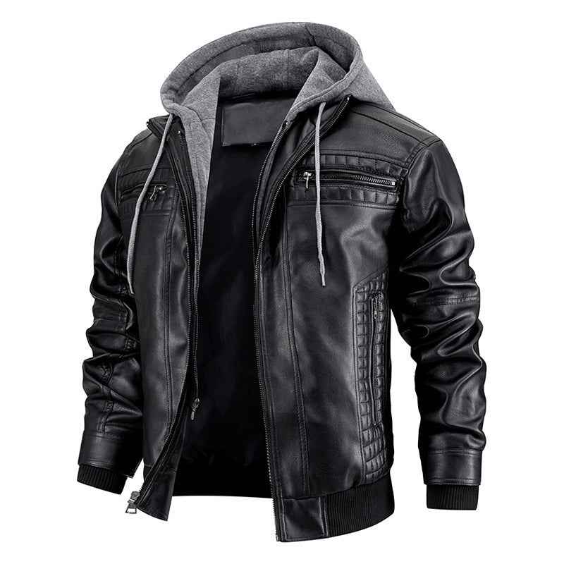 Hooded Jacket With Zipper Pockets Fashion Warm Pu Leather Coat Mens Clothing - Shopteufel