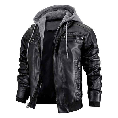 Hooded Jacket With Zipper Pockets Fashion Warm Pu Leather Coat Mens Clothing - Shopteufel
