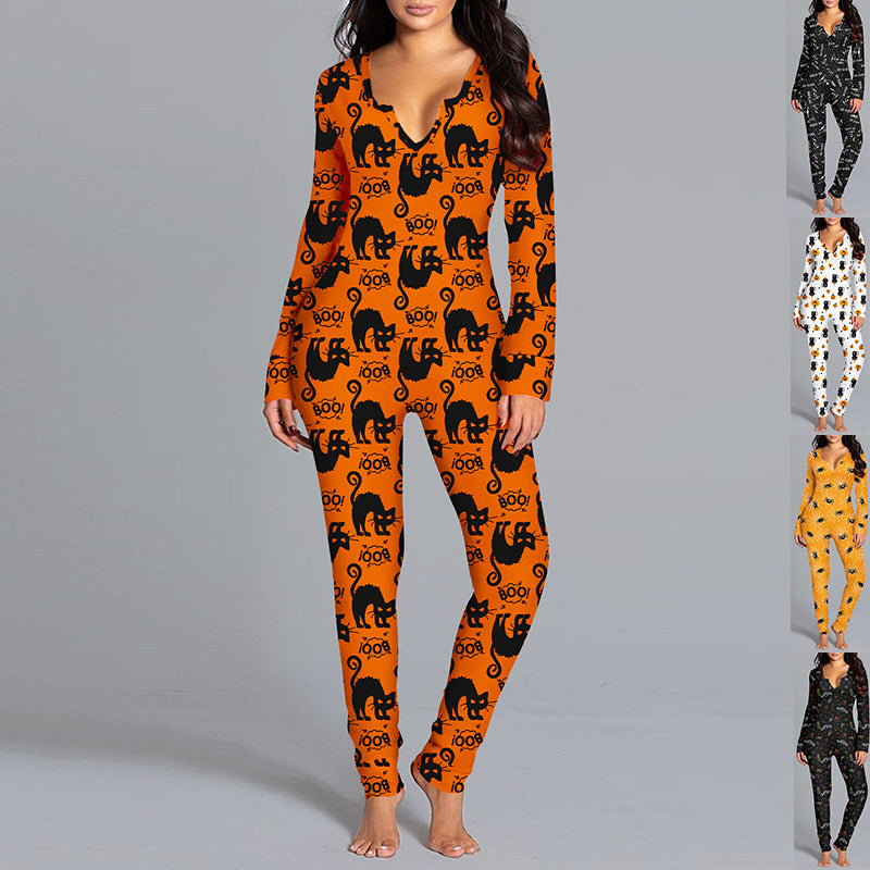 Halloween-Overall mit Print, langärmelig, Hausanzug