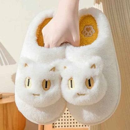 Cotton Cat Slippers Soft Plush Comfy Warm Couple Slip-On House Cute Cat Face Slippers For Winte - Shopteufel