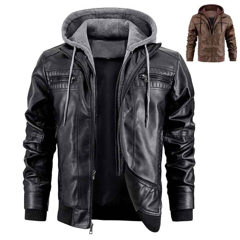 Hooded Jacket With Zipper Pockets Fashion Warm Pu Leather Coat Mens Clothing - Shopteufel