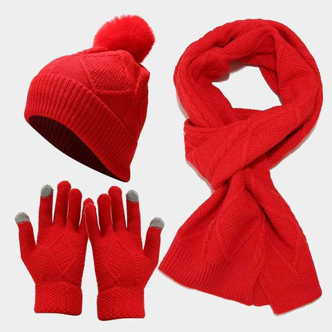 Dreiteiliges Set aus Mütze, Schal und Handschuhen für Herbst und Winter