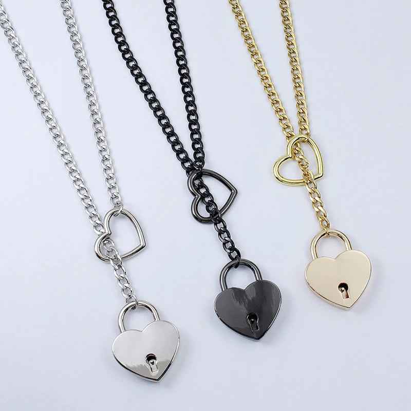 Fashion Jewelry 2024 New Slip Chain Necklace Heart O-Ring Rock Cuban Long Necklace Adjustable Heart Shaped Lock Core With Key - Shopteufel