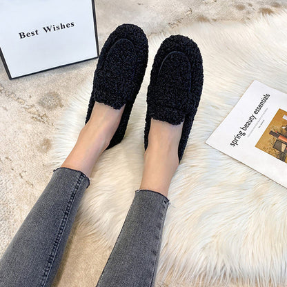 Winter Plush Flats Shoes Ins Fashion Slip On Loafers Women's Warm Peas Shoes - Shopteufel