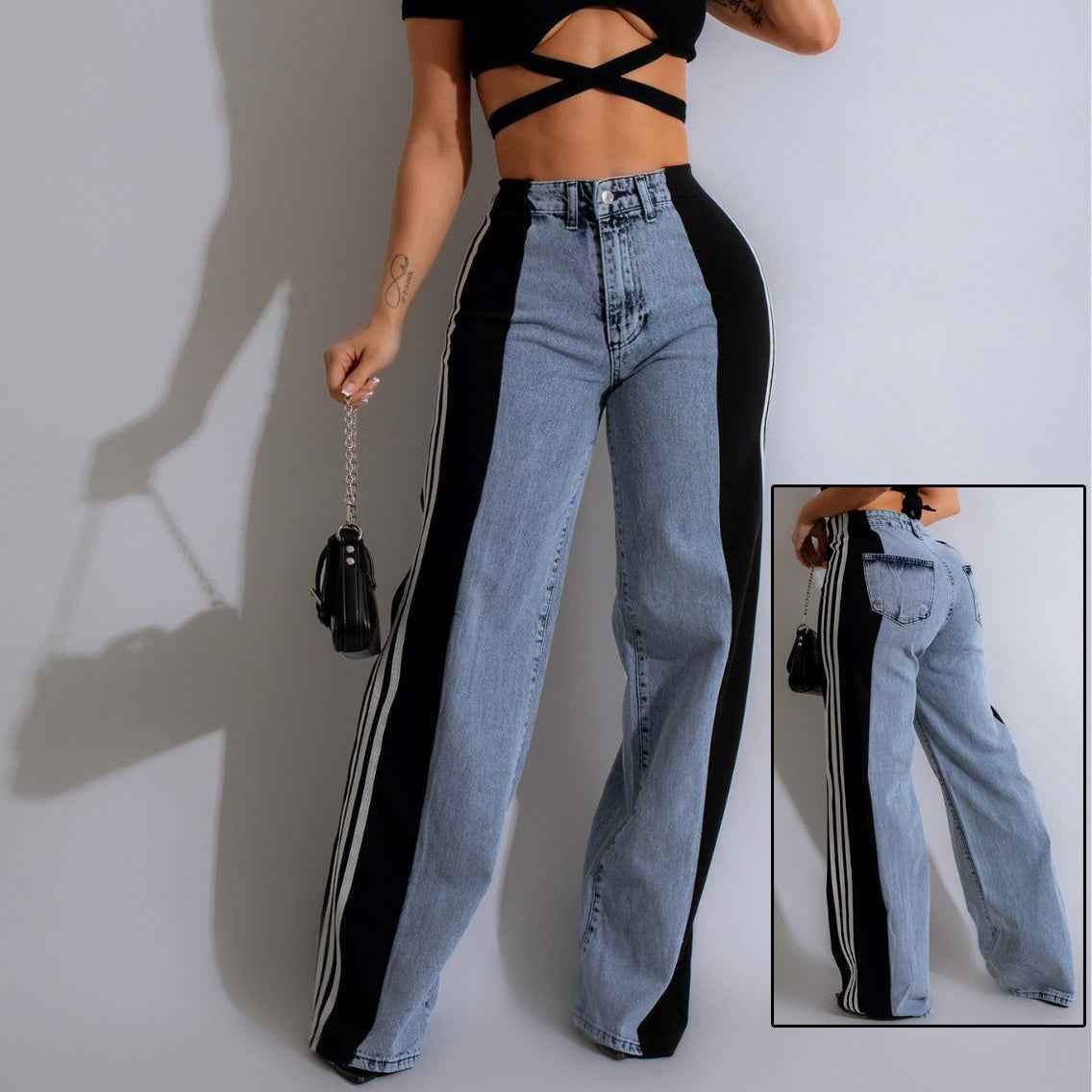 2024 Fashion Casual High Waist Elastic Straight Leg Trousers Three Stripe Patchwork Denim Wide Leg Pants Streetwear - Shopteufel