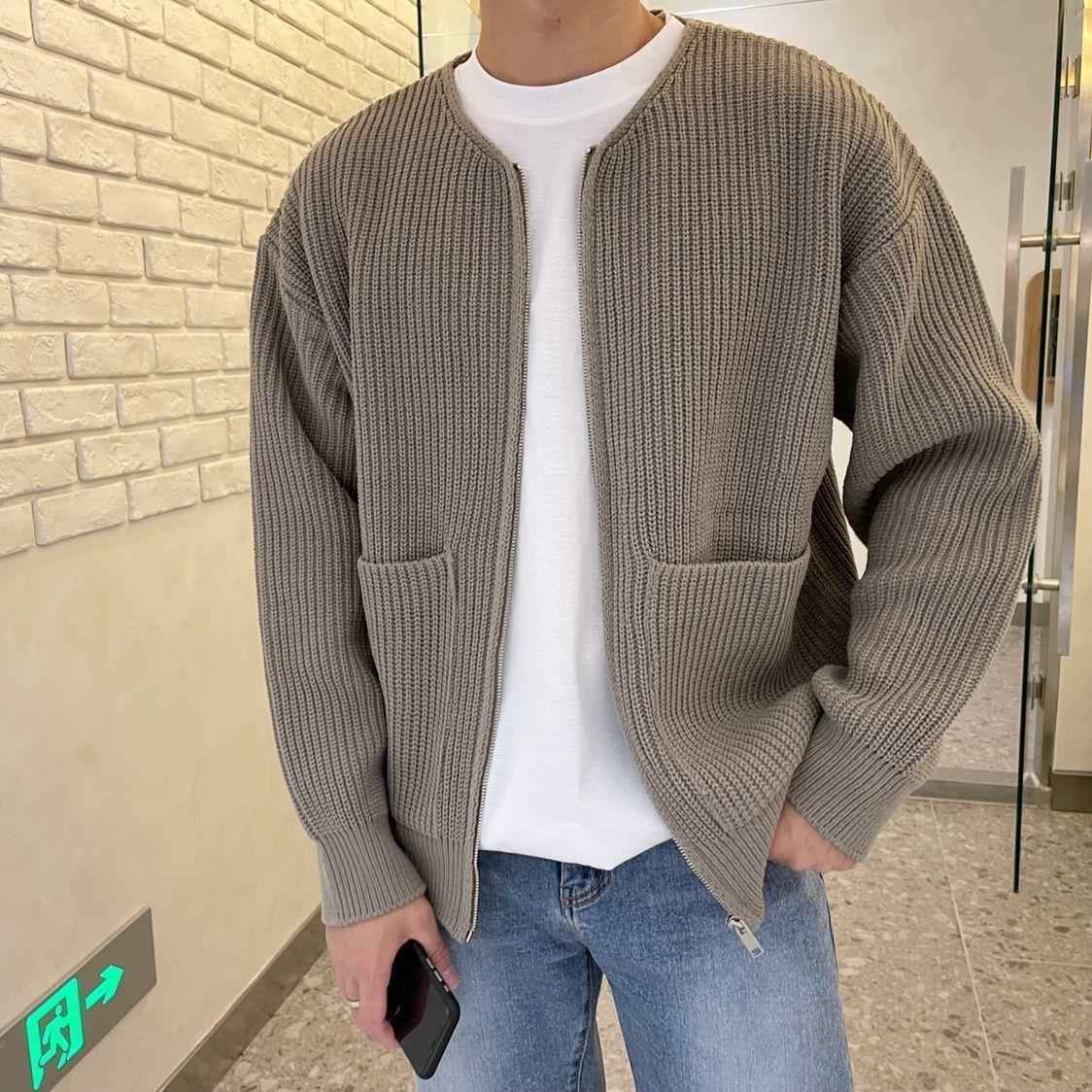 Men Zip Up Knitted Cardigan Lined Funnel Neck Jumper Sweater Pockets Coat All Seasons Comfortable Soft Long Sleeve - Shopteufel
