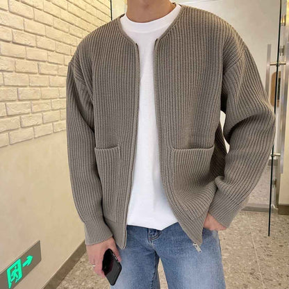 Men Zip Up Knitted Cardigan Lined Funnel Neck Jumper Sweater Pockets Coat All Seasons Comfortable Soft Long Sleeve - Shopteufel