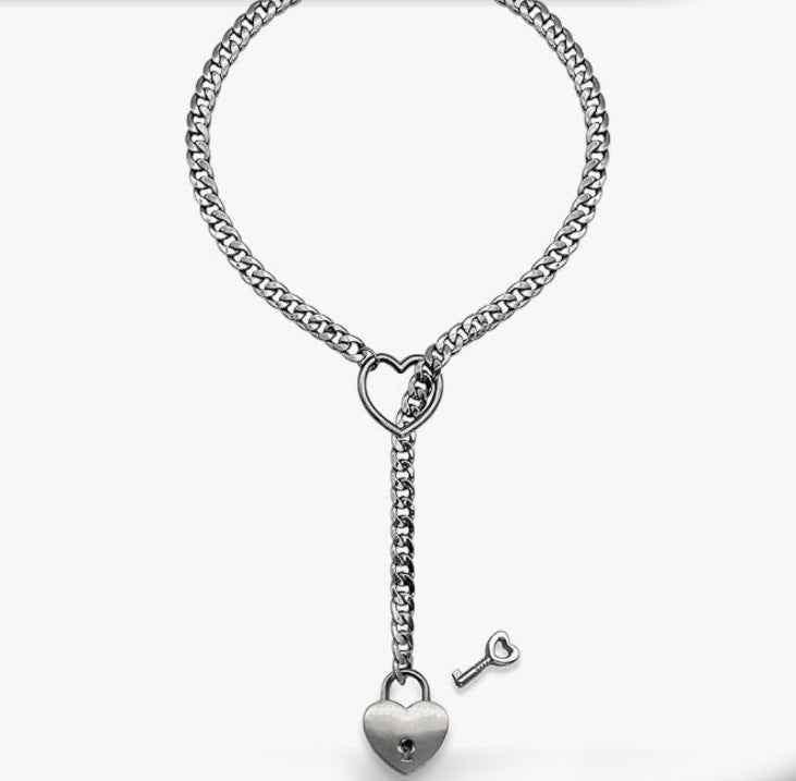 Herzförmige Lariat-Halskette aus Edelstahl, auffälliger, schwerer Ring, kubanische lange Kette, Punk-Rock-Choker für Damen und Herren - Shopteufel