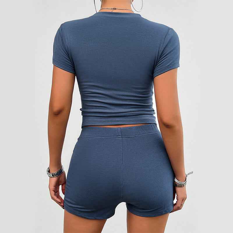 Solid Color Slim Sports Suit Summer 2Pcs Short-sleeved Round Neck T-shirt And Elastic Shorts Fashion Womens Clothing - Shopteufel