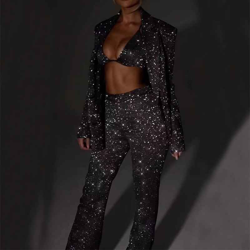 3-teiliger, glänzender Langarmanzug mit Blazer mit BH-Revers und gerader Hose – modisches Party-Jacket-Set für Damen - Shopteufel