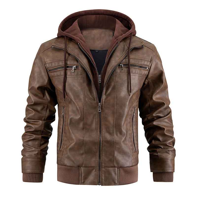 Hooded Jacket With Zipper Pockets Fashion Warm Pu Leather Coat Mens Clothing - Shopteufel