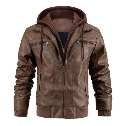 Hooded Jacket With Zipper Pockets Fashion Warm Pu Leather Coat Mens Clothing - Shopteufel