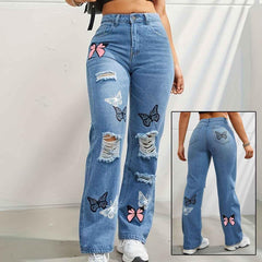 Hochgeschnittene Jeans mit geradem Bein für Damen, trendige Jeans mit Schmetterlingsprint, zerrissene Jeans im Used-Look